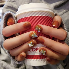 Nail Tip, Color, Gold Foil Seal, Cute, False Nail, Rhinestone Sticker, Stylish, Popular, Nail Parts, Butterfly, Full of Gems, Flesh Nails, Cat Eye, Summer Nail Kit, Popular for Beginners (Red)