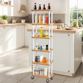 Beyeutao 6 Tier Slim Storage Cart with Wheels Rolling Cart for Kitchen Storage Bamboo Tray and Metal Frame Utility Cart for Kitchen, Laundry Room, Bathroom, Livingroom