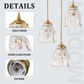 BCGMYLN 3-Light Pendant Light, Adjustable Hanging Light Gold Dining Room Chandelier Light Fixture Over Table, Pendant Lighting E26 Base Ceiling Lamp, Gold