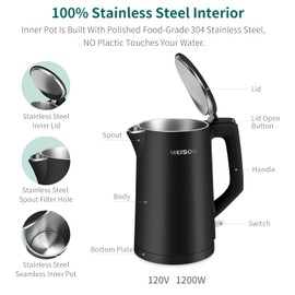 MEISON Electric Kettle, 1.7 L Double Wall Food Grade Stainless Steel Interior Water Boiler, Coffee Pot & Tea Kettle, Auto Shut-Off and Boil-Dry Protection, 1200W, 2 Year Warranty(Black)