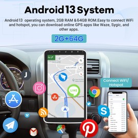 [2G+64G] 10.1 inch Android 13 Single Din Car Stereo Touch Screen Vertical Radio Rotatable Head Unit, Wired&Wireless CarPlay/Android Auto/Hi-Fi/Bluetooth/1080P/SWC/GPS+AHD Backup Camera+ MIC