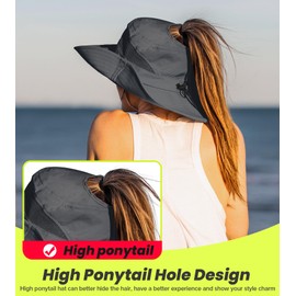 Sun Hat with High Ponytail Hole for Women, UPF 50+ UV Protection Safari Hiking Wide Brim Foldable Waterproof Beach Bucket Hat Dark Grey