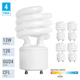 KOR Pack of 4 – 13 Watt Mini Spiral – GU24 Twist and Lock Base. Self-Ballasted CFL, 2pin Fluorescent Bulb, Neutral White 3500K (60 Watt Equivalent)