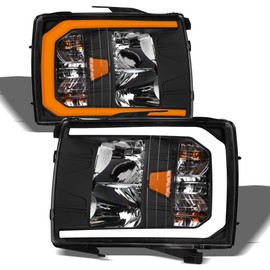 TLAPS 7422441821830 Compatible With 2007-2013 Chevy Silverado 1500/2007-2014 2500 3500 HD DRL LED Strip Bar Black Housing Headlights With Amber Reflector
