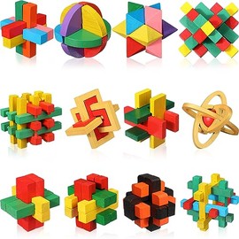 Syhood 12 Pcs Wooden Brain Teaser Puzzles 3D IQ Challenge Toy Games Logic Mind Smart Puzzle Box Lock Toy Brain Teaser Intellectual Removing Assembling