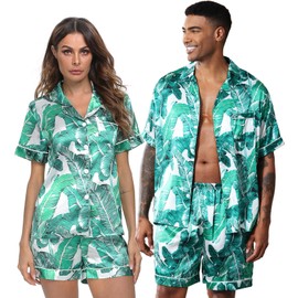 SWOMOG Men Matching Pajamas Set Silk Satin Sleepwear Short Sleeve Button Down Pj Set 2 Pcs Loungewear White Leaves XX-Large