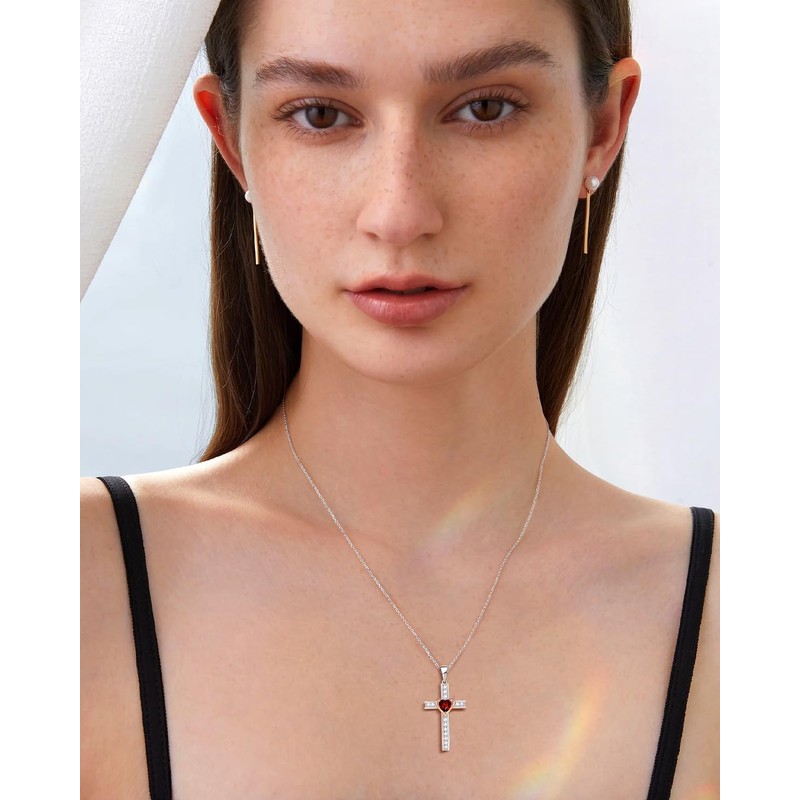 Calliora Birthstone Cross Necklace for Women, 925 Sterling Silver Heart