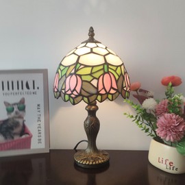 XPHMXP Tiffany Lamp 3-Way Dimmable Table Lamp Pink Tulip Stained Glass Reading Light Small Room Decorate Lamp for Home Living Room Nightstand Bedroom Office Include Light Bulb