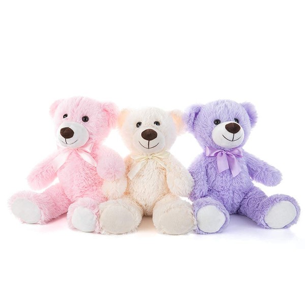 MorisMos 3 Packs Teddy Bears Bulk Stuffed Animals, Cute Small Teddy Bear Plush Toys, Little Stuffed Bear for Kids on Centerpiece Baby Shower, 14 Inches, Pink, Purple, White