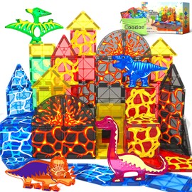 Coodoo Dinosaur Toys Magnetic Tiles Lava Dinosaur World Set - Magnetic Blocks Building for Kids 3-5 5-7 Girls Boys Toy Age 4-6 6-8, Classroom Must Haves Toddler Sensory for 3+ Year Old Kids Toys