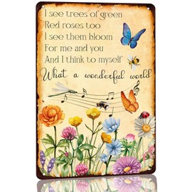 What a Wonderful World Metal Tin Sign Vintage Garden Tin Signs for Outdoor Patio I See Trees of Green Red Roses Too Tin Sign Flowers Sign for Cafe Kitchen Home Wall Decor Plaque 8x12 Inch