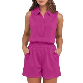 ANRABESS Romper for Womens 2025 Summer Dressy Casual Sleeveless V Neck One Piece Short Jumpsuit Lounge Travel Outfits Clothes Hot Pink Medium