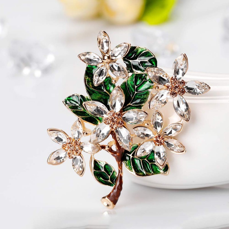 Broche para mujer, diseño de hojas verdes con diamantes de