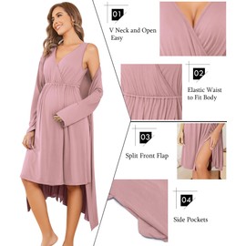 Ekouaer Women's Maternity Nursing Robes Breastfeeding Gown and Robe Postpartum Nightgowns Pregnancy Nightgown Mauve L
