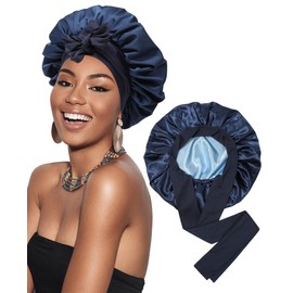 Molans Satin Bonnet Silk Bonnet for Sleeping Women Silk Sleep Cap Double Layer Hair Bonnet with Elastic Tie Band Night Cap (Navy Blue + Light Blue)