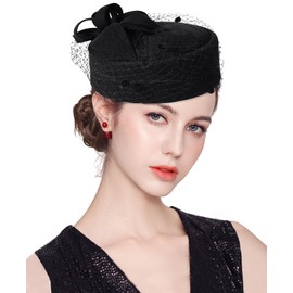 ELLYDOOR Wool Fascinator Hat Winter Wool Felt Pillbox Hat for Women Wedding Church Hat Veil Flower Fedoras (#01B Black)