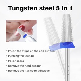 Cnynail 5 in 1 Nail Drill Bit, Tungsten Carbide Multi-Function Bit for Acrylic Nails, Hard Gels, Cuticles Removal, 3/32" Shank, Two-Way Rotation for Left & Right-Handed Use (M Grit, Silver)