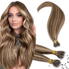 TESS Hair Extensions Nano Beads Real Human Hair Nano Ring Tip Included #4P27 Medium Brown＆Dark Blonde - Cold Fusion 50 Strands 35g - 20 Inch