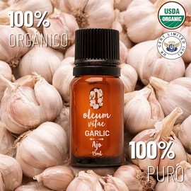 OLEUM VITAE Aceite Esencial de Ajo. Allium Sativum. 100% Puro y Orgánico. Certificado USDA ORGANIC. Aplicación Aromática, Interna y Externa. 15ml