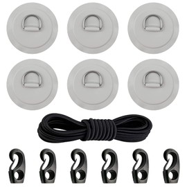 6pcs PVC D-Ring Patch Stainless Steel D Ring Patches for for for PVC Inflatable Boat SUP Kayak Canoe Deck Accessories,with 20ft Elastic Bungee Cords and Hooks,NO Glue Included(Gray)