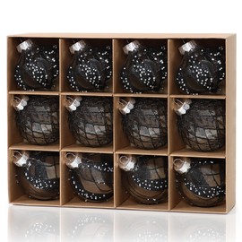 DEMIUKO 12 PCS Black Christmas Ball Ornaments 80mm Large Christmas Baubles Set Clear Glitter Xmas Tree Balls Shatterproof Hanging Ornaments Bauble for Christmas Tree Decoration Home Party Wedding
