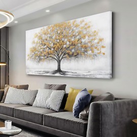 Glvzygy Wall Art Abstract Gold Tree of Life Canvas Modern Art Oil Painting Texture Tree Painting Living Room Bedroom Dining Room Home Office Decor Wall Decor 24" x 48"