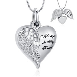 VCCWYQK Angel Wings Heart Urn Necklaces for Ashes, Keepsake Pendant for Men and Women, Cremation Jewellery, stainless steel, No Gemstone