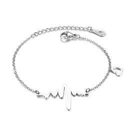 Flongo Women's Bracelet Bangle Friendship Bracelets BFF Chains for 3, Stainless Steel Bracelet Chain Silver Rose Gold with Electrocardiogram ECG Heartbeat and Heart Pendant, Stainless Steel