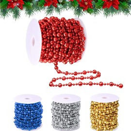 15 m Christmas Tree Pearl Garland Christmas Tree Decoration Bead Ribbon Pearl Diameter 8 mm and 4 mm Christmas Tree Chain Decoration (Red)