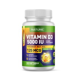 Built by Nature Vitamin D3 5000 IU (125mcg) with Coconut MCT Oil – Easy to Swallow Mini Soft Gels - 1 Year Supply – 360 Softgels
