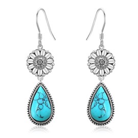 ONEFINITY Turquoise Teardrop Earrings for Women 925 Sterling Silver Sunflower Turquoise Dangle Earrings Western Boho Jewelry Gifts