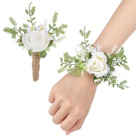 White Rose Boutonniere and Cosrage Set - Greenery Wrist Corsges and Boutonnieres for Woodland Wedding Groom Bride, Forest Corsage Wristlet and Rustic Boutonniere for Party Anniversary