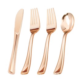 BESTVIP BESTVIP 60PCS Rose Gold Plastic Silverware, Rose Gold Disposable Utensils, Heavy Duty Cutlery Set of 30 Rose Gold Forks, 15 Rose Gold Spoons, 15 Rose Gold Knives for Parties, Weddings, Catering
