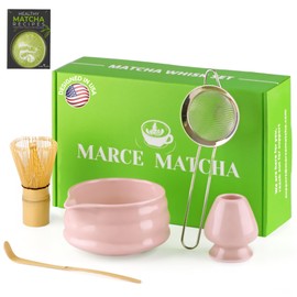 Marce Matcha Whisk Set- Matcha Set includes Matcha Whisk and Bowl with Spout, Sifter, Holder and Scoop- The Perfect Bamboo Whisk for Matcha Tea (Pink)