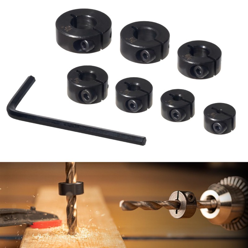 POWERTEC Drill Bit Stop Collar Set, 7 Piece Set Adjustable