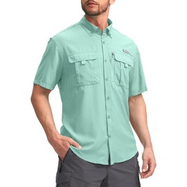 Pudolla Men's Fishing Shirts Short Sleeve Travel Work Shirts Summer Button Down Shirts for Men UPF50+ with Zipper Pockets(Arona, X-Large)