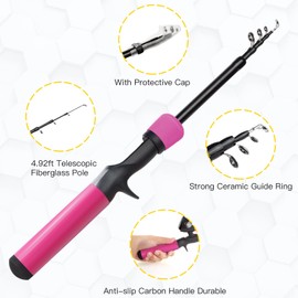 Kids Fishing Pole Kit, 59'' Telescopic Rod and Reel Beginner Combo with Spincast Reel,Tackle Box, Carrier Bag,Fishing Gear for Boys,Girls, Toddler,Youth (Pink 4.92ft)