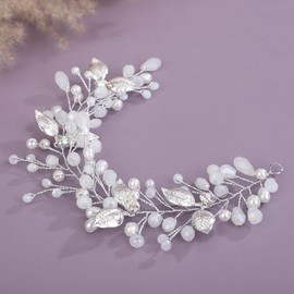 Rumtock Silver Leaves Headband Opal Crystal Beads Side Hair Jewelry for Wedding Brides Women Girls Prom Banquet Pearl Hair Accessories (Opal)