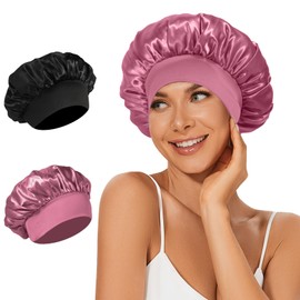 LEADUWAY 2Pcs Satin Bonnets Silk Bonnet for Sleeping Hair Bonnet for Curly Hair(Black&Rose Pink