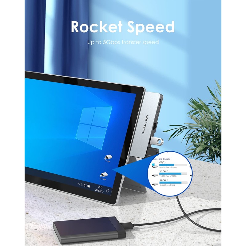 LENTION 5-in-1 USB C Hub for Surface Pro 7 Only,