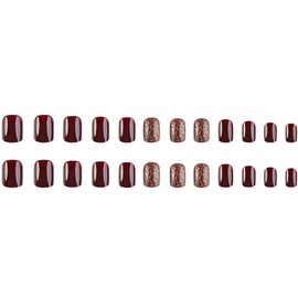 Burgundy Press on Nails Short Square Fake Nails with Glitter Designs Glossy Glue on Nails Artificial Acrylic False Nails Press ons Wine Red Stick on Nails for Women Girls 24 Pcs