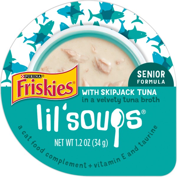Purina Friskies Natural, Grain Free Senior Broth Wet Cat Food Lickable Cat Treats, Lil' Soups Skipjack Tuna - 1.2 oz. Tub