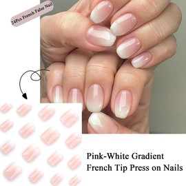 Square Short False Nails - 24Pcs French False Nail - False Nails with Glue - Pink-White Gradient French Tip Press on Nails - Full Cover Glue on Nails for Women Nails Manicure Decoration