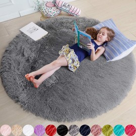 Gray Round Rug for Bedroom,Fluffy Circle Rug 5'X5' for Kids Room,Furry Carpet for Teen's Room,Shaggy Circular Rug for Nursery Room,Fuzzy Plush Rug for Dorm,Grey Carpet,Cute Room Decor for Baby