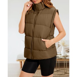 Polu Womens Puffer Vests Oversized Outerwear Vests Stand Collar Sleeveless Padded Down Jackets with Pockets(Brown,M)