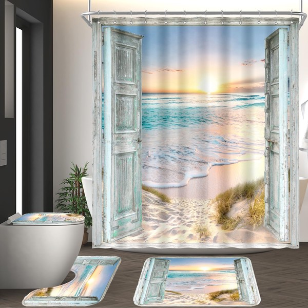 ZXMBF 4Pcs Beach Coastal Shower Curtain Sets Ocean Sunrise Seaside