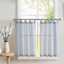 TOPICK Blue Striped Small Curtains 36 Inch Drop Linen Kitchen Curtains Translucent Short Cafe Curtains Flax Tab Top for Country Small Window Basement Sink Laundry Room Bathroom 2 Panels