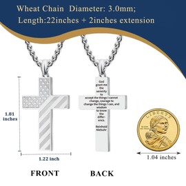 LAOYOU Silver American Flag Cross Necklace for Men with Serenity Prayer – Stainless Steel Inspirational Bible Verse Pendant Jewelry – USA Patriotic Christian Religious Birthday Gifts for Him