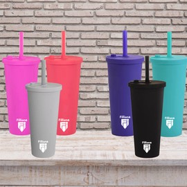 Filliano Drinking cup with straw and lid tumbler, double-walled, 710 ml coffee, tea, tumbler made of acrylic with large straw, cup with lid, tumbler with straw (fuchsia)