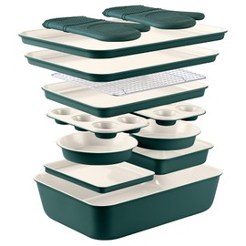 Country Kitchen Nonstick Stackable Bakeware Set - Durable, Easy Release Baking Set, Sage, 13 Pcs